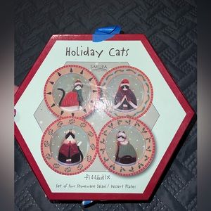 Vintage Oneida Fiddlestix Holiday Cats Stoneware Plates - Set of 4 salad/dessert